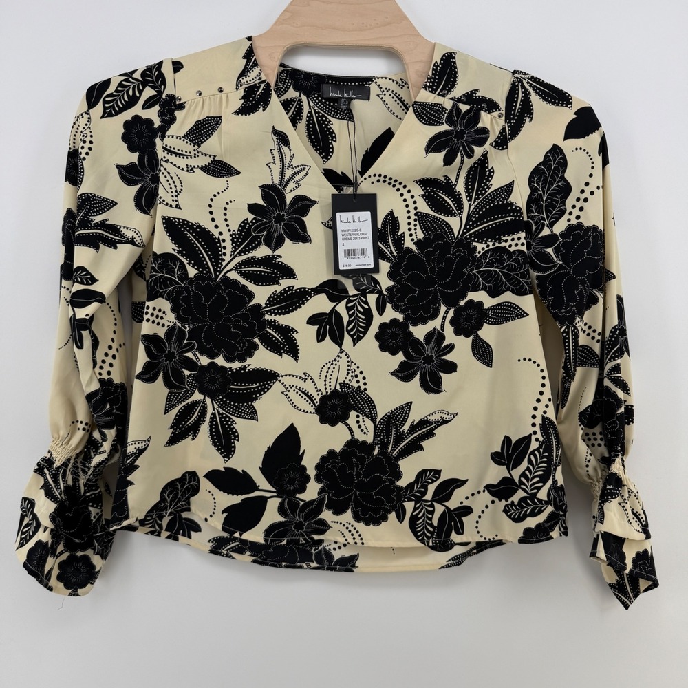 Nicole Miller Western Floral V-Neck Blouse Creme Black Studded Back Small NWT